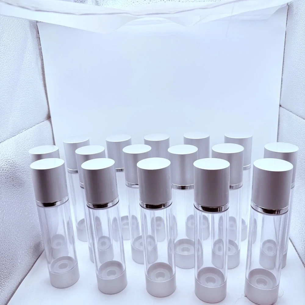 Lot of 15 Clear Airless Pump Bottles‎ Silver Caps 50ml Travel Size
